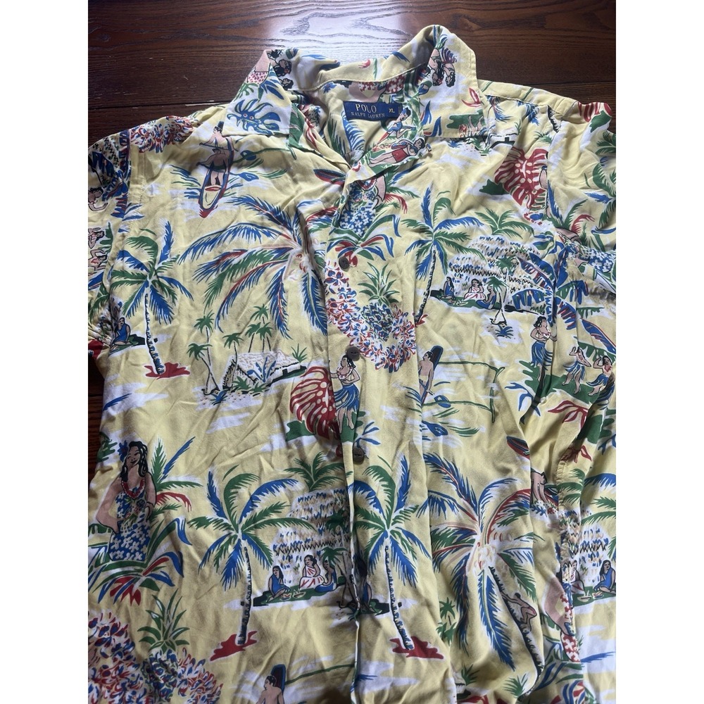 Polo Ralph Lauren Hula Girl Hawaiian Shirt Mens XL Yellow Viscose Tropical Camp